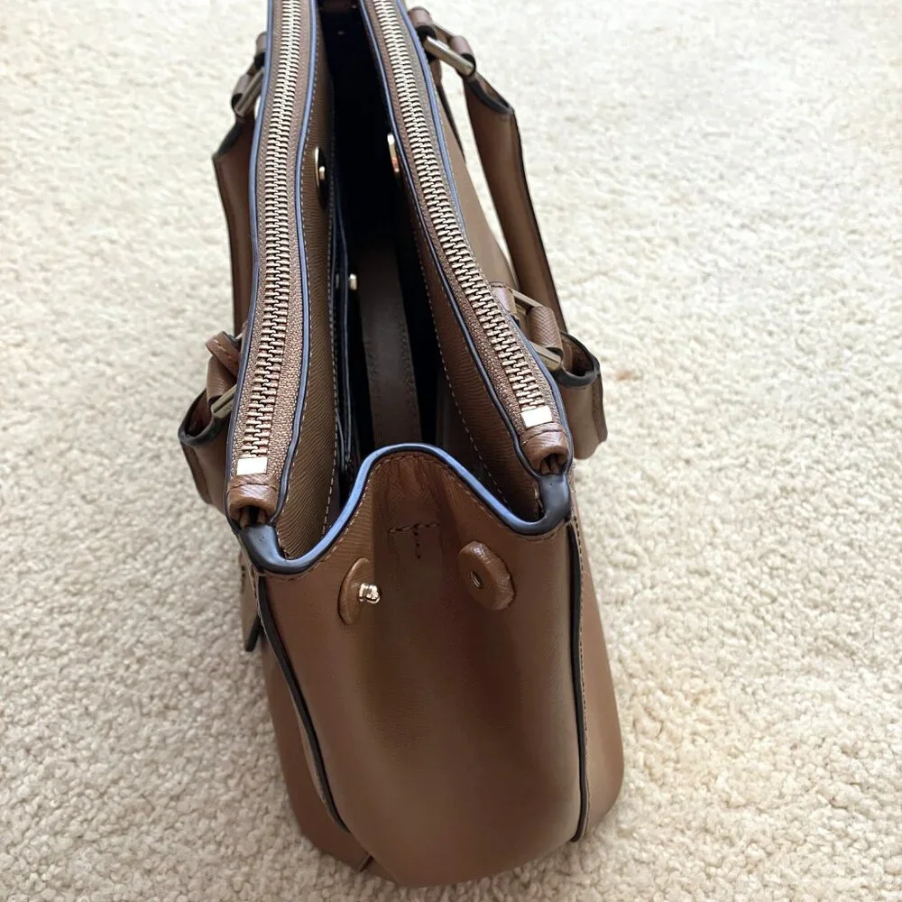 Tory Burch Double Zipper Beige/Tan Leather Tote Bag Top Handle & Strap - Picture 6 of 15